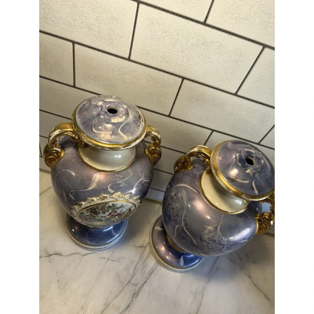 Vintage Le Mieux China 22K Gold Hand Decorated Courting Couple Vase Pair